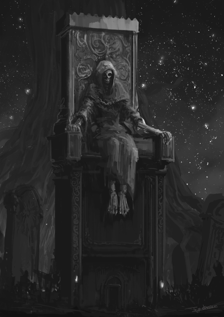 corpse death elden_ring greyscale highres hood hood_up monochrome no_humans outdoors scenery signature sky spoilers star_(sky) starry_sky throne tree tripdancer