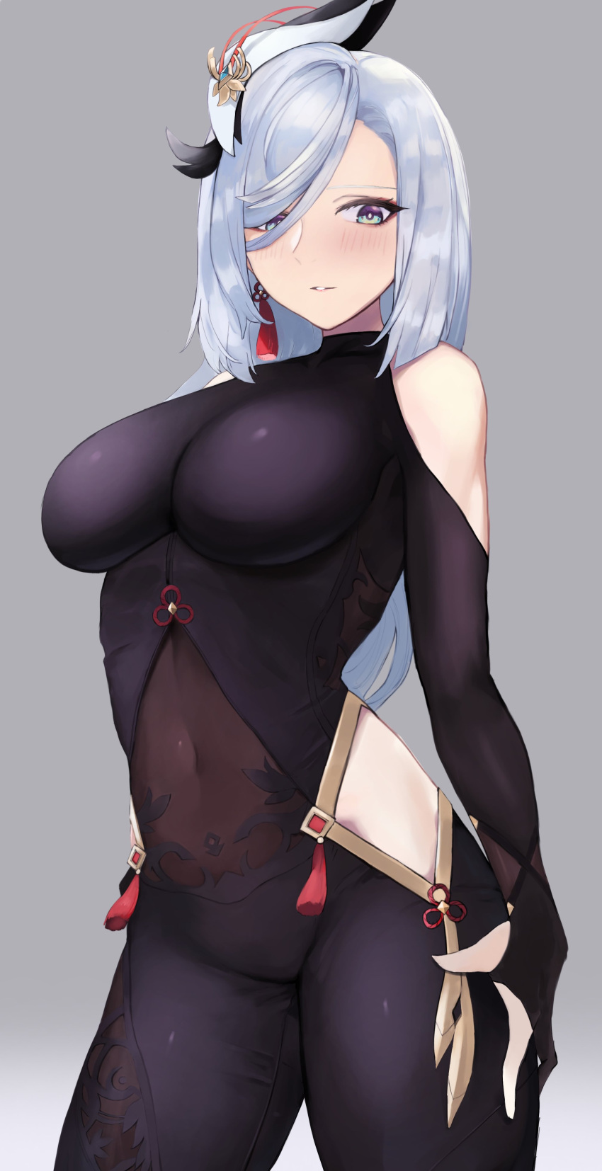 1girl absurdres bare_shoulders blue_eyes bodysuit braid braided_ponytail breasts closed_mouth covered_navel dangle_earrings earrings genshin_impact gold_trim grey_background groin hair_ornament hair_over_one_eye hand_on_hip highres hip_vent jewelry kataku_musou large_breasts looking_at_viewer shenhe_(genshin_impact) silver_hair simple_background solo sweat tassel wet wet_hair wide_hips
