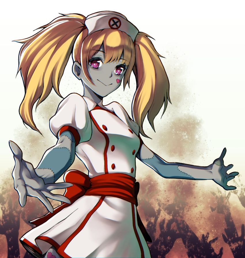 1girl bangs blonde_hair buttons closed_mouth colored_skin double-breasted dress eyebrows_visible_through_hair facial_mark grey_skin hat heart heart_facial_mark helping-hand highres jane_doe_(metal_slug) long_hair metal_slug metal_slug_attack nurse nurse_cap patchwork_skin puffy_short_sleeves puffy_sleeves sash short_sleeves smile solo twintails violet_eyes white_dress white_headwear zombie