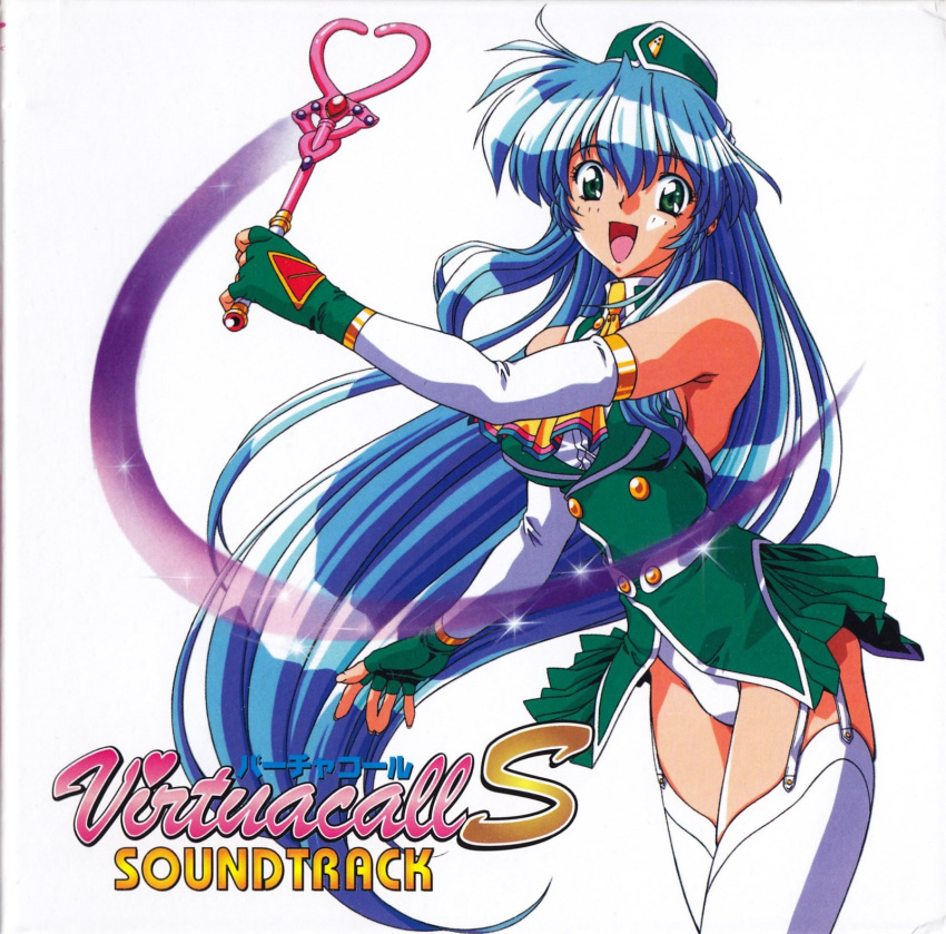 1990s_(style) 1girl album_cover artist_request ascot bangs blue_hair breasts buttons copyright_name cover detached_sleeves dress garrison_cap gloves green_dress green_eyes green_headwear hand_up hat heart highres jewelry large_breasts long_hair official_art panties pricia retro_artstyle scan thigh-highs underwear virtuacall wand wet white_legwear yellow_ascot