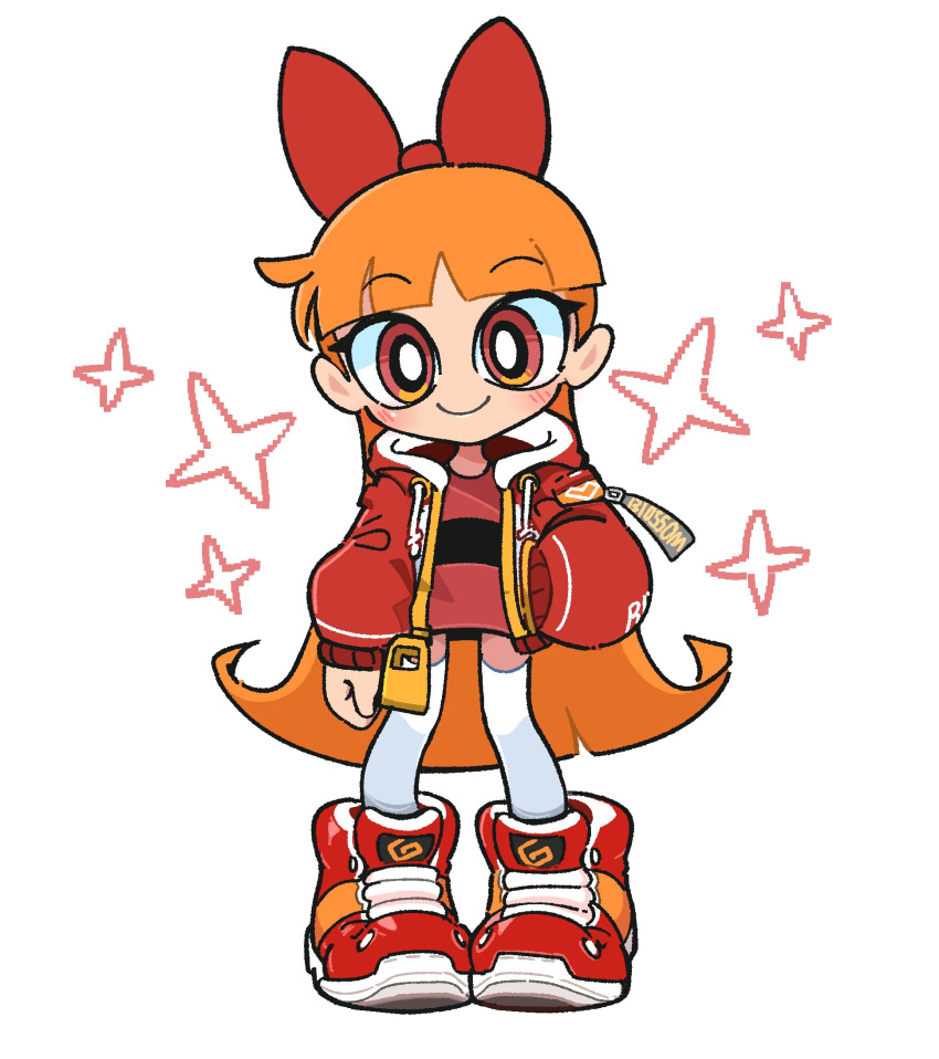 1girl alternate_costume bangs blossom_(ppg) blunt_bangs bow bright_pupils clenched_hand eyebrows_visible_through_hair hair_behind_ear hair_bow hand_in_pocket head_tilt highres hood hooded_jacket jacket long_hair orange_eyes orange_hair powerpuff_girls red_bow red_jacket smile solo sparkle thigh-highs tkddud632 white_background white_legwear white_pupils