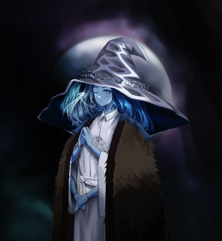 1girl blue_eyes blue_hair blue_skin blush cloak closed_mouth colored_skin dress elden_ring extra_arms extra_faces flat_chest full_moon fur_cloak hat highres looking_at_viewer lyf19970430 moon one_eye_closed own_hands_together ranni_the_witch solo standing steepled_fingers white_dress witch_hat