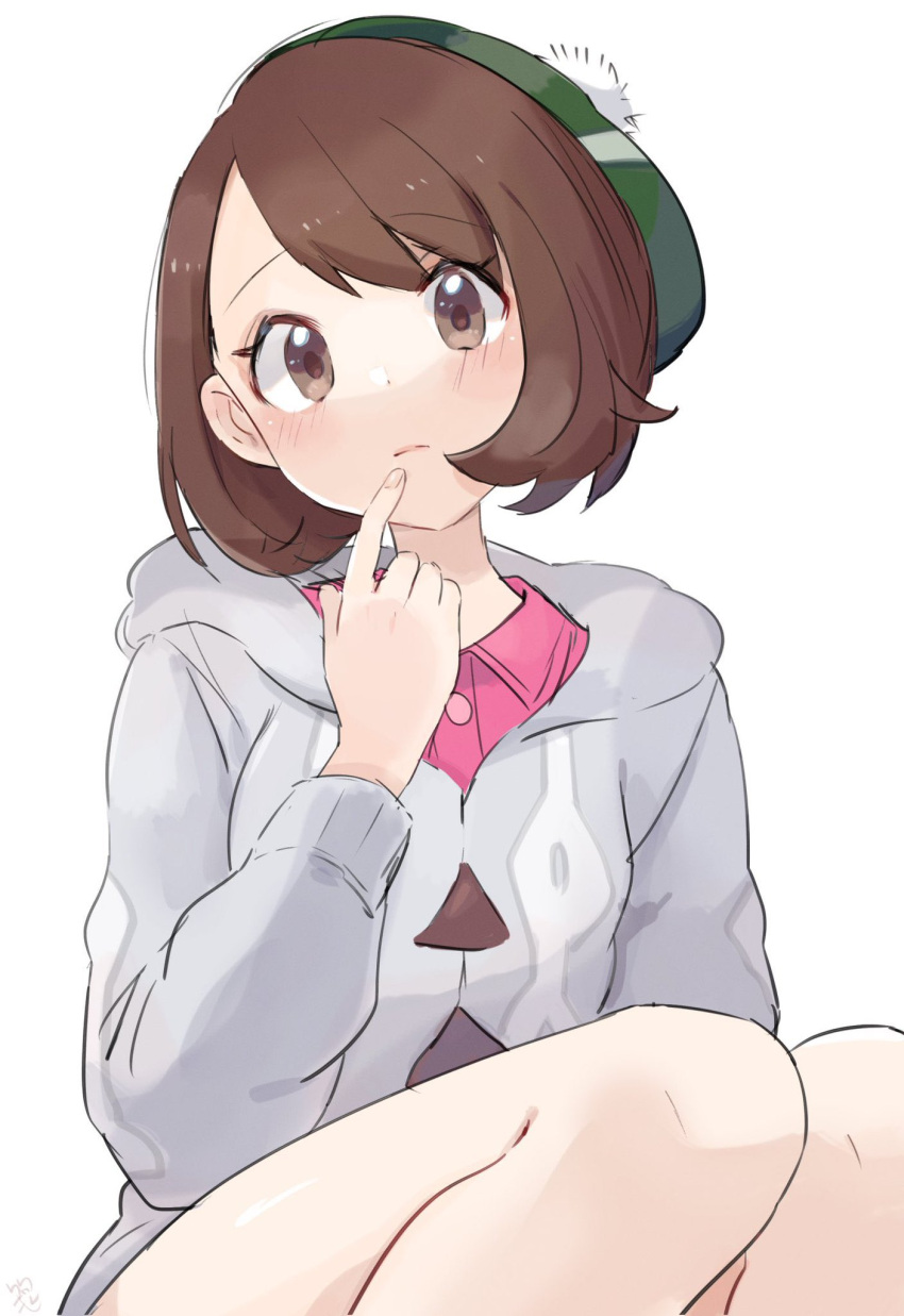 1girl bangs blush bob_cut brown_eyes brown_hair buttons cable_knit cardigan closed_mouth collared_dress dress eyelashes gloria_(pokemon) green_headwear grey_cardigan hand_up hat highres hooded_cardigan knees looking_at_viewer pink_dress pokemon pokemon_(game) pokemon_swsh ririmon short_hair simple_background solo tam_o'_shanter white_background