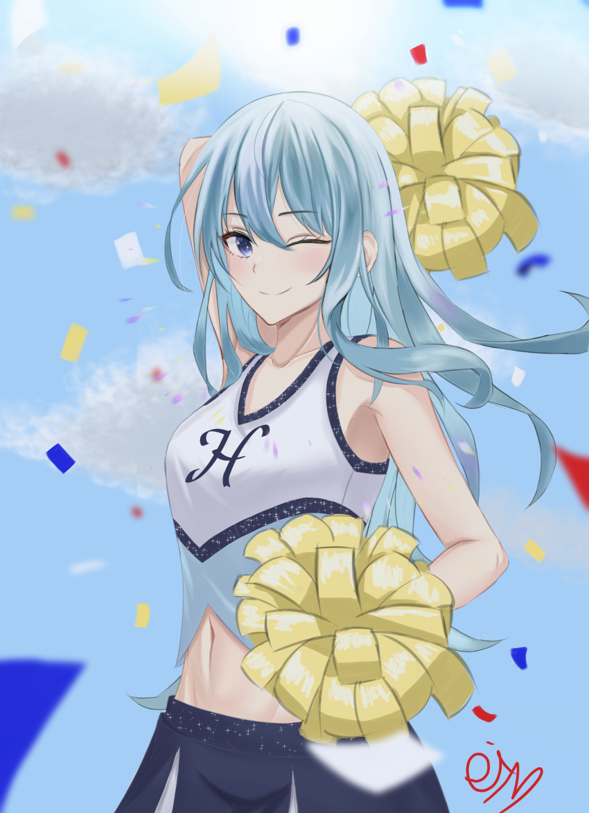 1girl absurdres aqua_hair artist_name bangs blue_eyes blue_skirt blush breasts cheerleader closed_mouth collarbone confetti eiundmarmalade eyebrows_visible_through_hair hand_up highres hololive hoshimachi_suisei long_hair looking_at_viewer navel one_eye_closed shirt simple_background skirt small_breasts smile solo standing virtual_youtuber white_shirt