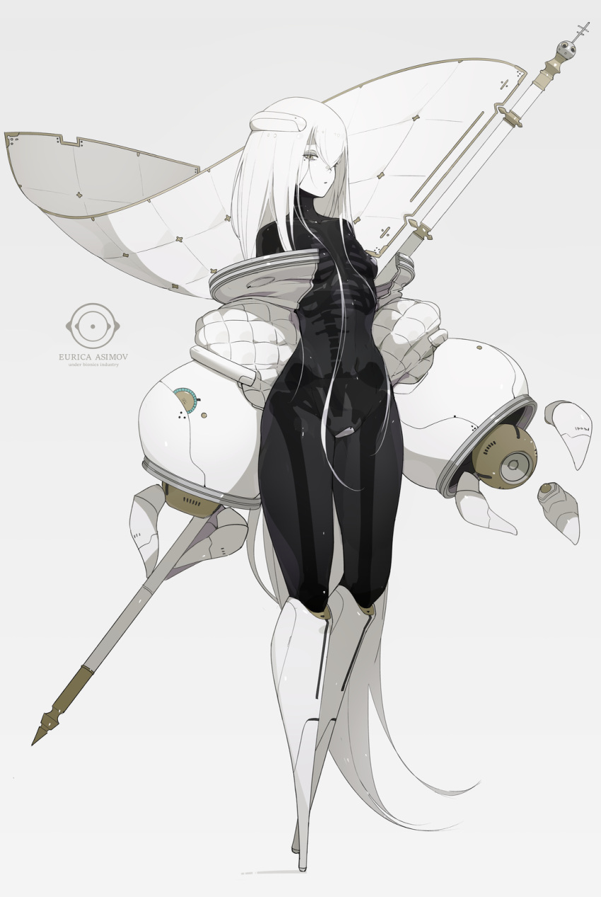 1girl alternate_breast_size alternate_height android banner black_skin breasts colored_skin eurica_(ub1mo) flag highres holding holding_polearm holding_weapon joints long_hair looking_at_viewer mechanical_arms no_feet original polearm robot_joints skeleton small_breasts solo translucent_skin ub1mo weapon white_eyes white_skin