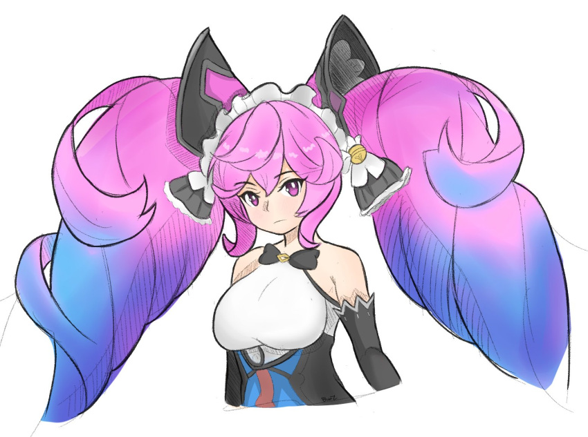 1girl bare_shoulders bell black_bow blue_hair blunzed bow bowtie breasts cleo_(dragalia_lost) closed_mouth commentary cropped_torso detached_sleeves dragalia_lost expressionless eyebrows_visible_through_hair frilled_bow frills gradient_hair hair_bow large_breasts looking_at_viewer maid_headdress multicolored_hair purple_hair simple_background solo twintails upper_body violet_eyes white_background