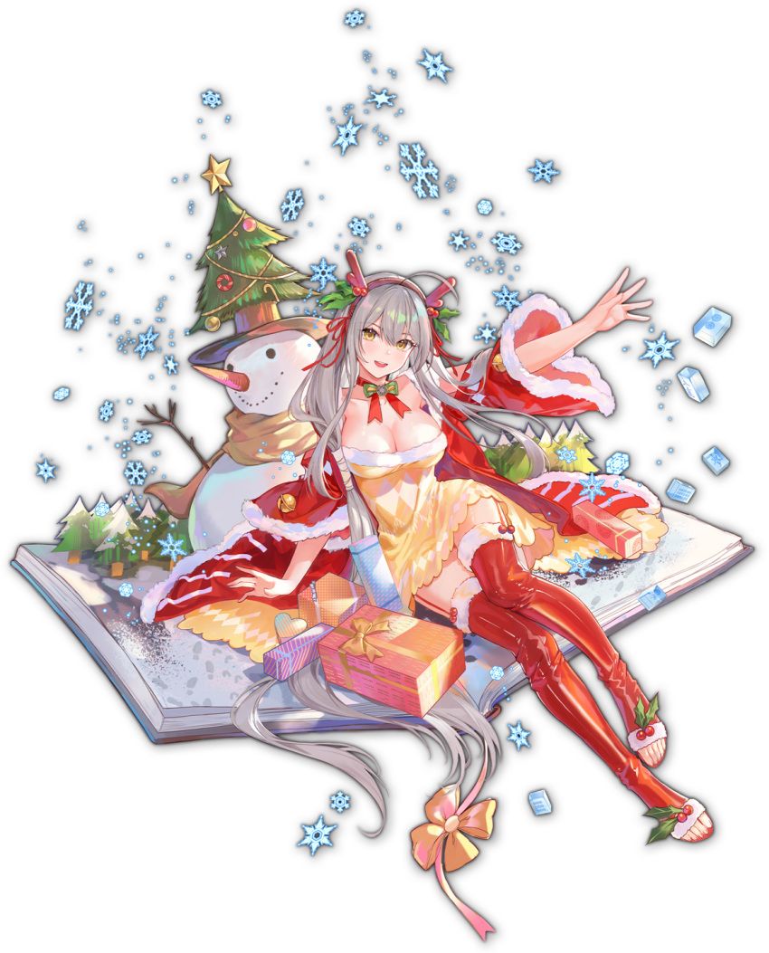 1girl antlers artist_request bell book box breasts carrot christmas christmas_tree dress game_cg gift gift_box hair_ornament hat highres holly holly_hair_ornament light_brown_hair looking_at_viewer mahjong_soul medium_breasts official_art open_book open_mouth ornament ribbon santa_costume simple_background sitting smile snow snowflakes snowman star_(symbol) thigh-highs third-party_source toeless_footwear top_hat transparent_background tree yellow_dress yellow_eyes yellow_ribbon yostar
