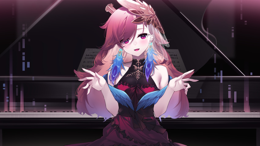 1girl :d bangs bare_arms bare_shoulders blush dress earrings eyebrows_visible_through_hair feather_earrings feathers frilled_dress frills hair_ornament halter_dress halterneck highres hololive hololive_english instrument jewelry long_hair looking_at_viewer piano pink_hair red_dress sheet_music sleeveless sleeveless_dress smile solo takanashi_kiara upper_body violet_eyes virtual_youtuber yaguo