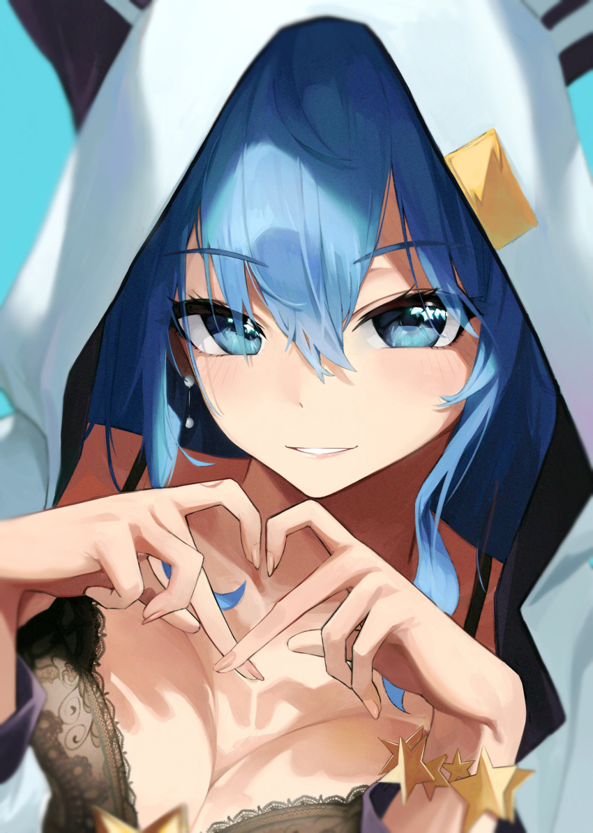 1girl absurdres bangs blue_background blue_eyes blue_hair bra bracelet breasts doroti. earrings eyebrows_visible_through_hair finger_heart heart heart_hands highres hololive hood hoodie hoshimachi_suisei jewelry lace-trimmed_bra lace_trim long_hair long_sleeves looking_at_viewer simple_background smile solo solo_focus star_(symbol) underwear