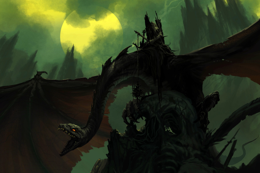 1boy armor creature crown fellbeast green_theme highres holding moon nazgul night open_mouth outdoors philipp_urlich red_eyes riding sharp_teeth skull sword teeth the_lord_of_the_rings tolkien's_legendarium weapon wings witch_king_of_angmar