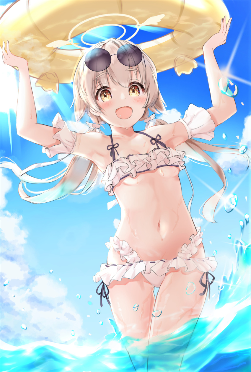 armpits blue_archive blush breasts commentary_request eyewear_on_head halo hifumi_(blue_archive) highres innertube light_brown_hair long_hair low_twintails miyama_mizuki_(hoshihoshi1220) navel ocean sky small_breasts sunglasses swimsuit thighs twintails under_boob water_drop yellow_eyes