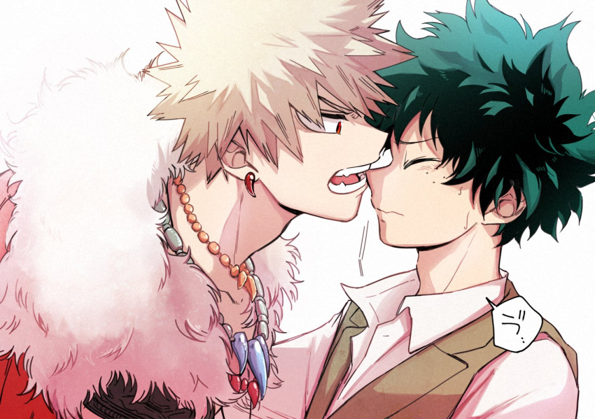 2boys bakugou_katsuki blonde_hair blush boku_no_hero_academia cape cho_mo_futoshi closed_eyes closed_mouth collared_shirt earrings face-to-face fangs freckles from_side fur-trimmed_cape fur_trim green_hair green_vest jewelry looking_at_another male_focus midoriya_izuku multiple_boys multiple_necklaces necklace official_alternate_costume open_mouth red_cape red_eyes shirt short_hair simple_background speech_bubble spiky_hair teeth vest white_background white_shirt