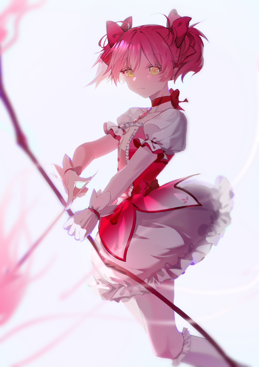 1girl absurdres ahivemind arrow_(projectile) bangs bow bow_(weapon) choker closed_mouth eyebrows_visible_through_hair floating_hair frilled_legwear gloves hair_bow highres holding holding_arrow holding_bow_(weapon) holding_weapon kaname_madoka kneehighs long_hair magical_girl mahou_shoujo_madoka_magica miniskirt pink_hair red_bow red_choker shiny shiny_hair skirt solo weapon white_background white_gloves white_legwear white_skirt yellow_eyes