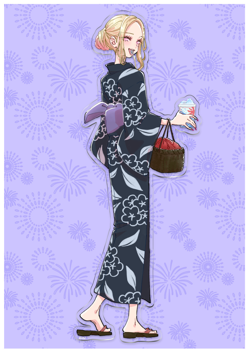 1girl absurdres barefoot black_kimono blonde_hair firework_background floral_print hair_bun highres japanese_clothes kimono kitagawa_marin multicolored_hair nishihara_erika official_art outline piercing pink_eyes pink_hair purple_background sandals shaved_ice sono_bisque_doll_wa_koi_wo_suru toeless_footwear tongue tongue_out tongue_piercing white_outline