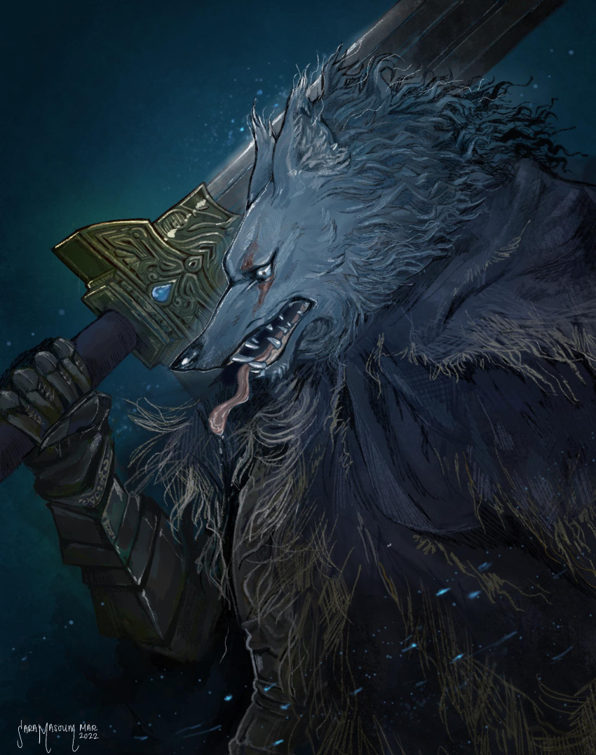 1boy artist_name blaidd_the_half-wolf blue_eyes cloak dated elden_ring from_side fur_cloak furry furry_male gauntlets highres holding holding_sword holding_weapon male_focus over_shoulder profile sara_masoum signature solo sword sword_over_shoulder tongue tongue_out weapon weapon_over_shoulder