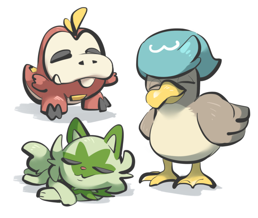 :3 bird closed_eyes closed_mouth commentary_request fangs fangs_out fuecoco no_humans pokemon pokemon_(creature) quaxly sleeping smile sprigatito standing starter_pokemon_trio tirarizun white_background