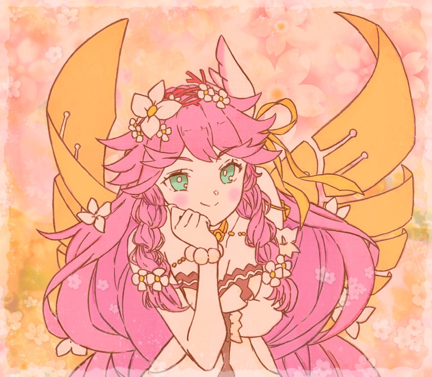 1girl aburigirafa aqua_eyes bead_bracelet beads blush bracelet braid closed_mouth dragalia_lost eyebrows_visible_through_hair fairy fairy_wings floral_background flower hair_flower hair_ornament hand_on_own_face highres jewelry long_hair looking_at_viewer notte_(dragalia_lost) pink_hair smile solo twin_braids upper_body very_long_hair white_flower wings