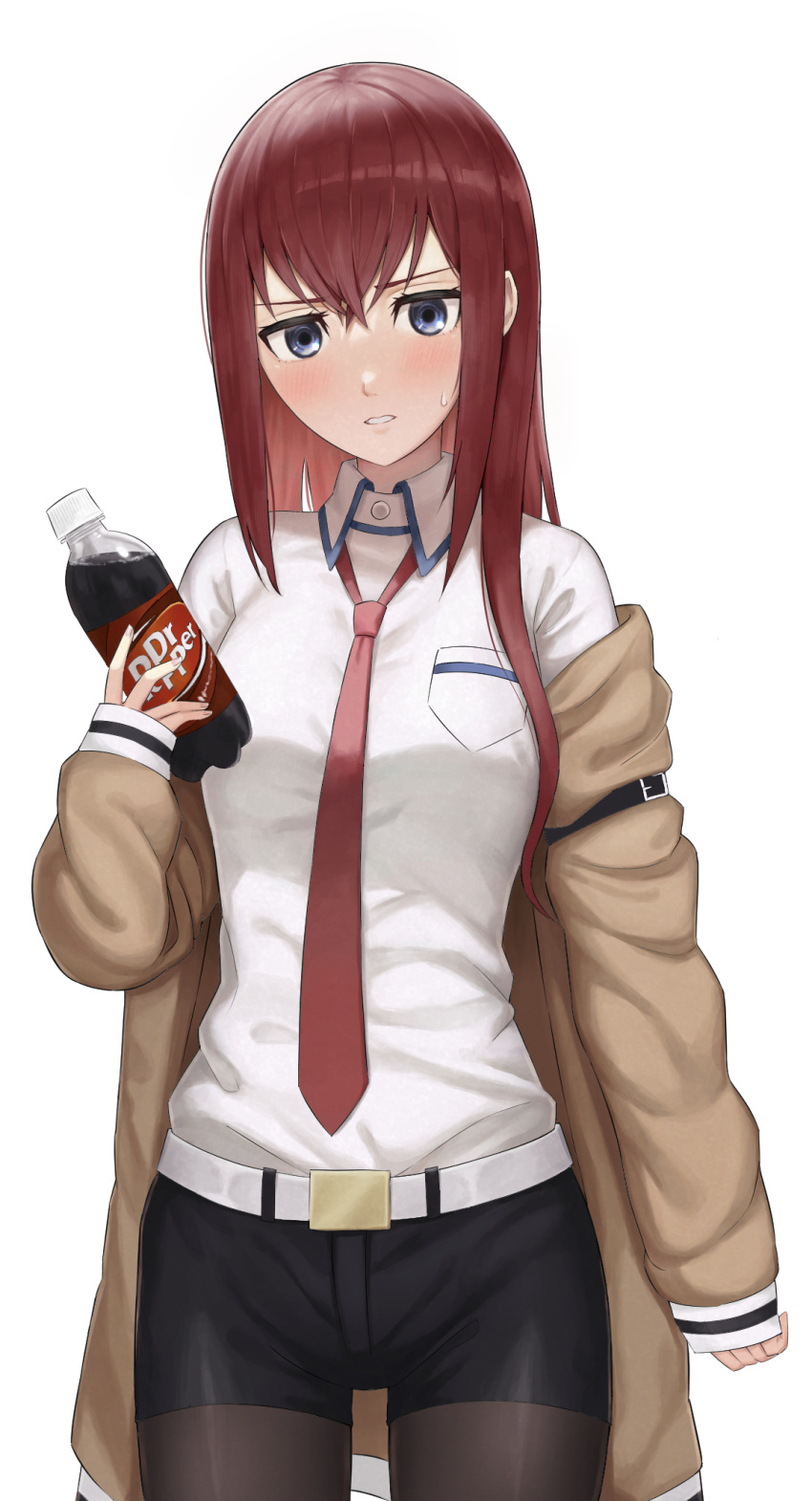 1girl bangs belt black_legwear black_shorts blue_eyes blush bottle brown_coat coat collared_shirt cowboy_shot dr_pepper fook_(gcts5284) hair_between_eyes highres holding holding_bottle legwear_under_shorts long_hair long_sleeves looking_at_viewer makise_kurisu necktie open_clothes open_coat pantyhose parted_lips red_necktie redhead shiny shiny_hair shirt short_shorts shorts simple_background sleeves_past_wrists solo standing steins;gate straight_hair sweatdrop white_background white_belt white_shirt wing_collar