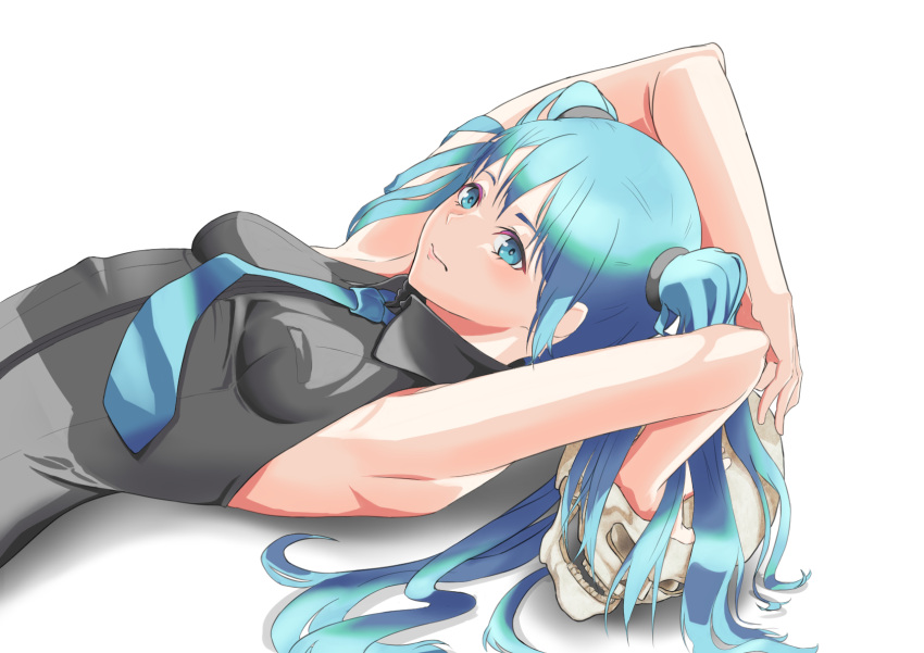1girl armpits arms_up bangs bare_arms blue_eyes blue_hair blue_necktie breasts closed_mouth collared_shirt dress_shirt grey_shirt hair_between_eyes hatsune_miku highres long_hair lying necktie on_back oonikuniku shirt simple_background skull sleeveless sleeveless_shirt small_breasts solo twintails upper_body very_long_hair vocaloid white_background wing_collar