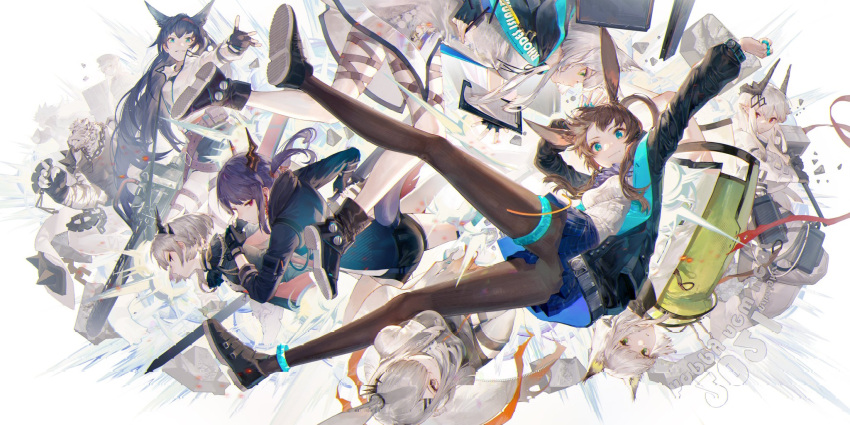 1boy 6+girls amiya_(arknights) animal_ears arknights armor arms_up bangs black_coat black_legwear blaze_(arknights) blue_eyes blue_hair blue_skirt brown_hair cat_ears ch'en_(arknights) chain closed_mouth coat commentary_request cross-laced_clothes dragon_horns dress fingerless_gloves frostnova_(arknights) furry gloves green_dress green_eyes grey_eyes grey_hair hair_between_eyes hairband hammer highres holding holding_sword holding_weapon horns jacket kal'tsit_(arknights) lappland_(arknights) leg_ribbon long_hair mountain_(arknights) mudrock_(arknights) multiple_girls parted_lips pleated_skirt purple_hair rabbit_ears red_eyes rhodes_island_logo ribbon ringlets rosmontis_(arknights) saria_(arknights) short_hair shorts shoulder_armor shoulder_pads sidelocks sideways_glance skirt smile sword talulah_(arknights) tiger weapon white_background white_hair white_jacket zebai7339