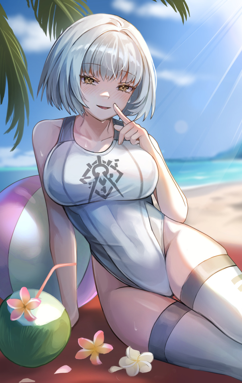 1girl ball beach beachball blue_sky breasts clouds coconut day girls_frontline highleg highleg_swimsuit highres large_breasts looking_at_viewer moguta_(moguta9) morridow_(girls'_frontline) outdoors palm_tree paradeus short_hair silver_hair silver_legwear sitting sky solo swimsuit thigh-highs tree white_swimsuit yellow_eyes yokozuwari
