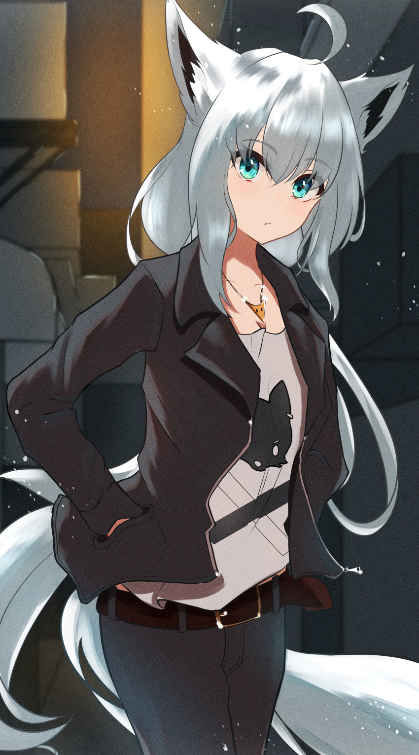 1girl absurdres ahoge animal_ear_fluff animal_ears bangs belt black_jacket commentary_request denim eyebrows_visible_through_hair fox_ears fox_girl fox_tail green_eyes hair_between_eyes hands_in_pockets highres hololive jacket jeans jewelry long_hair long_sleeves looking_at_viewer necklace nishiki_yuno open_clothes open_jacket pants shirakami_fubuki shirt sidelocks solo tail virtual_youtuber white_hair white_shirt