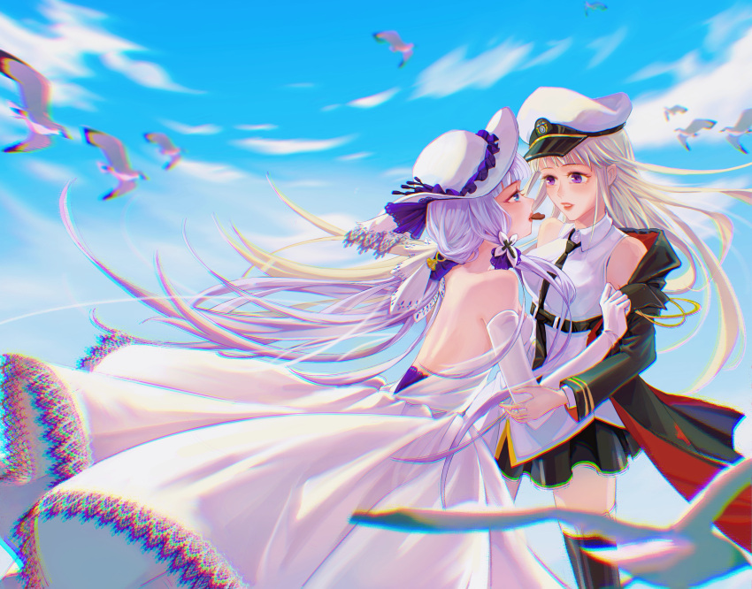 1girl 2girls absurdres azur_lane backless_dress backless_outfit bare_shoulders black_coat black_legwear black_necktie black_skirt blouse blue_eyes blue_sky breasts candy chocolate chromatic_aberration coat collared_blouse dress elbow_gloves enterprise_(azur_lane) food from_side gloves hat heart heart-shaped_chocolate highres holding holding_chocolate holding_food illustrious_(azur_lane) lace-trimmed_dress lace-trimmed_headwear lace_trim large_breasts lips long_dress long_hair loose_necktie miniskirt mouth_hold multiple_girls necktie peaked_cap skirt sky sun_hat tri_tails very_long_hair violet_eyes white_bird white_blouse white_dress white_gloves white_hair white_headwear wife_and_wife xiaoli_(1507) yuri