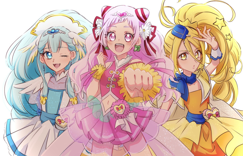 3girls :d blonde_hair blue_dress blue_eyes blue_hair blush clover_earrings commentary_request cure_ange cure_etoile cure_yell dress earrings eyelashes fpminnie1 hair_ornament happy harryham_harry highres hugtto!_precure jewelry kagayaki_homare long_hair looking_at_viewer magical_girl midriff multiple_girls navel nono_hana one_eye_closed open_mouth pink_eyes pink_hair pink_shirt pink_skirt ponytail precure shirt side_ponytail simple_background skirt smile white_background wrist_cuffs yakushiji_saaya yellow_dress yellow_eyes