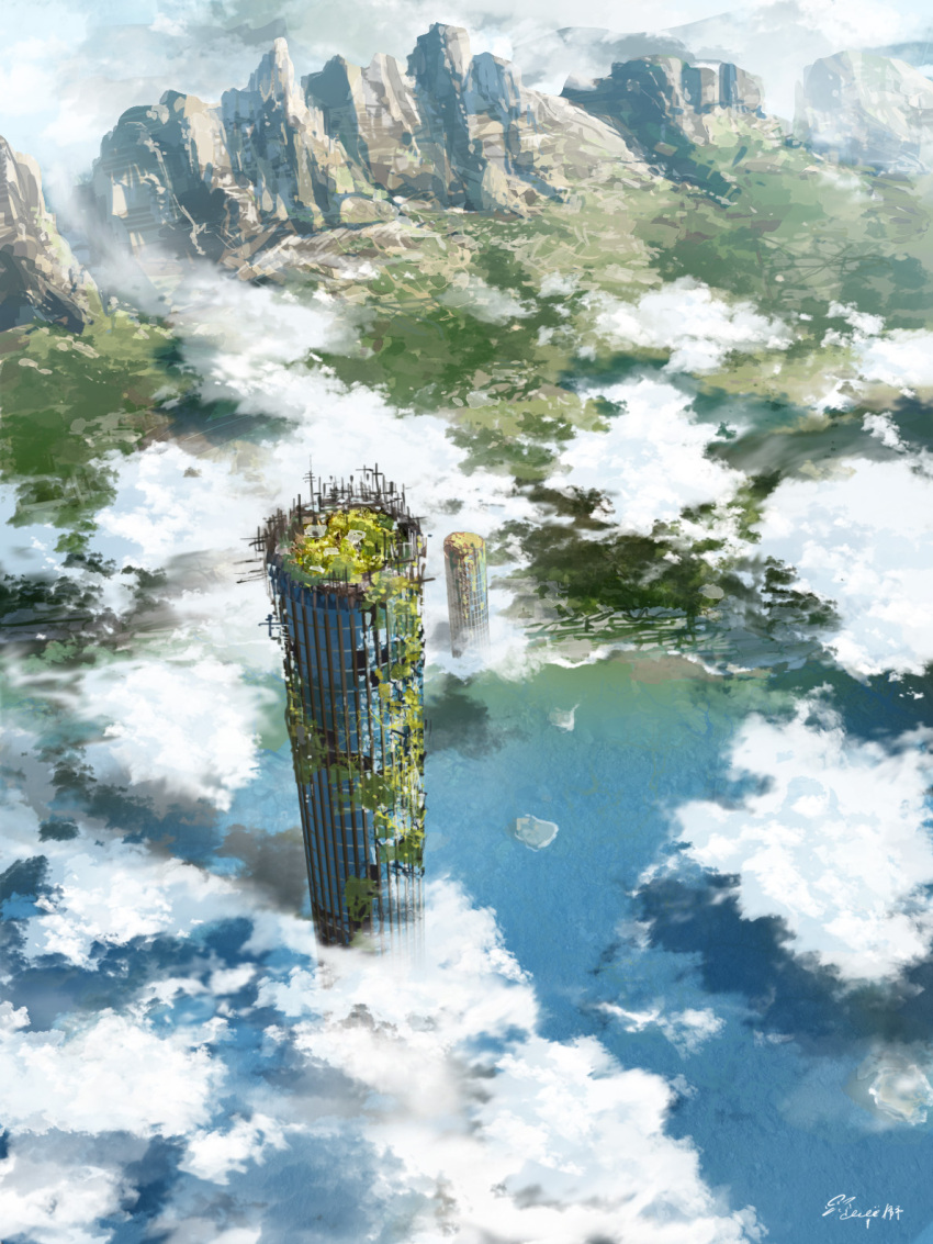clouds day from_above hachiya_shohei highres mountain no_humans original outdoors scenery shadow tower water