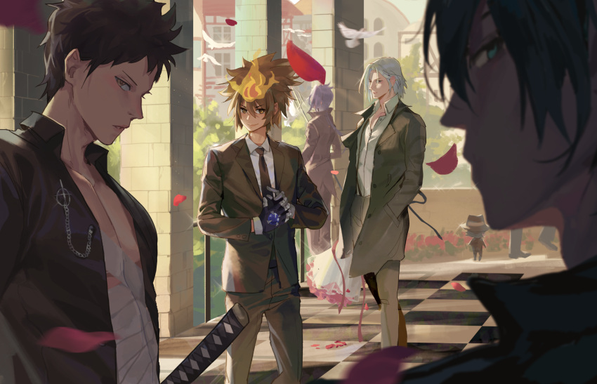 5boys bandaged_chest black_coat black_gloves black_jacket black_necktie black_pants blue_eyes blurry blurry_foreground bouquet brown_eyes brown_hair character_request closed_mouth coat collared_shirt commentary_request day falling_petals fedora formal gloves grey_hair hat highres holding holding_bouquet jacket katana katekyo_hitman_reborn long_sleeves looking_at_viewer male_focus mmmilk multiple_boys necktie outdoors pants parted_lips petals shirt short_hair smile spiky_hair suit sword weapon white_shirt