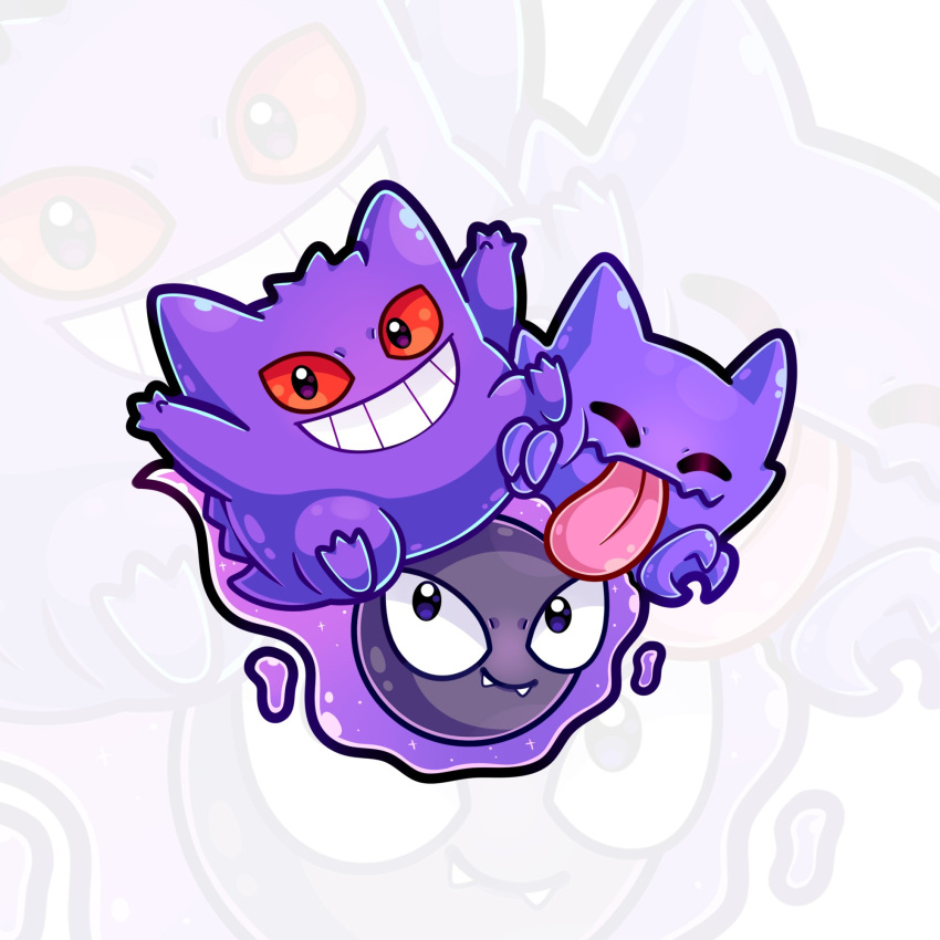 3others closed_eyes commentary english_commentary fangs gastly gengar grin haunter highres hylianruto looking_at_another looking_at_viewer multiple_others no_humans open_mouth pokemon pokemon_(creature) simple_background smile teeth tongue tongue_out