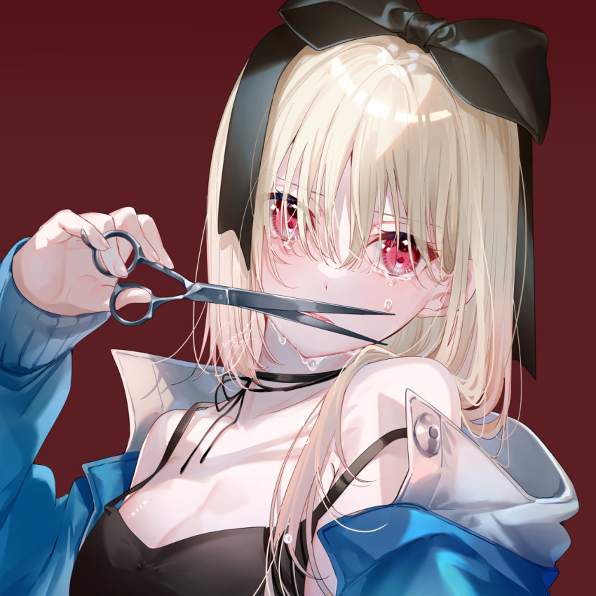 1girl bangs black_bow black_bra black_camisole black_choker blonde_hair blue_coat blue_jacket bow bra breasts camisole choker coat collar collarbone commentary_request crying crying_with_eyes_open hair_bow hair_over_eyes hair_over_shoulder hand_up highres holding holding_scissors jacket long_hair long_sleeves looking_at_viewer miwano_rag off_shoulder open_clothes open_jacket original red_background red_eyes scissors simple_background small_breasts solo tearing_up tears underwear upper_body