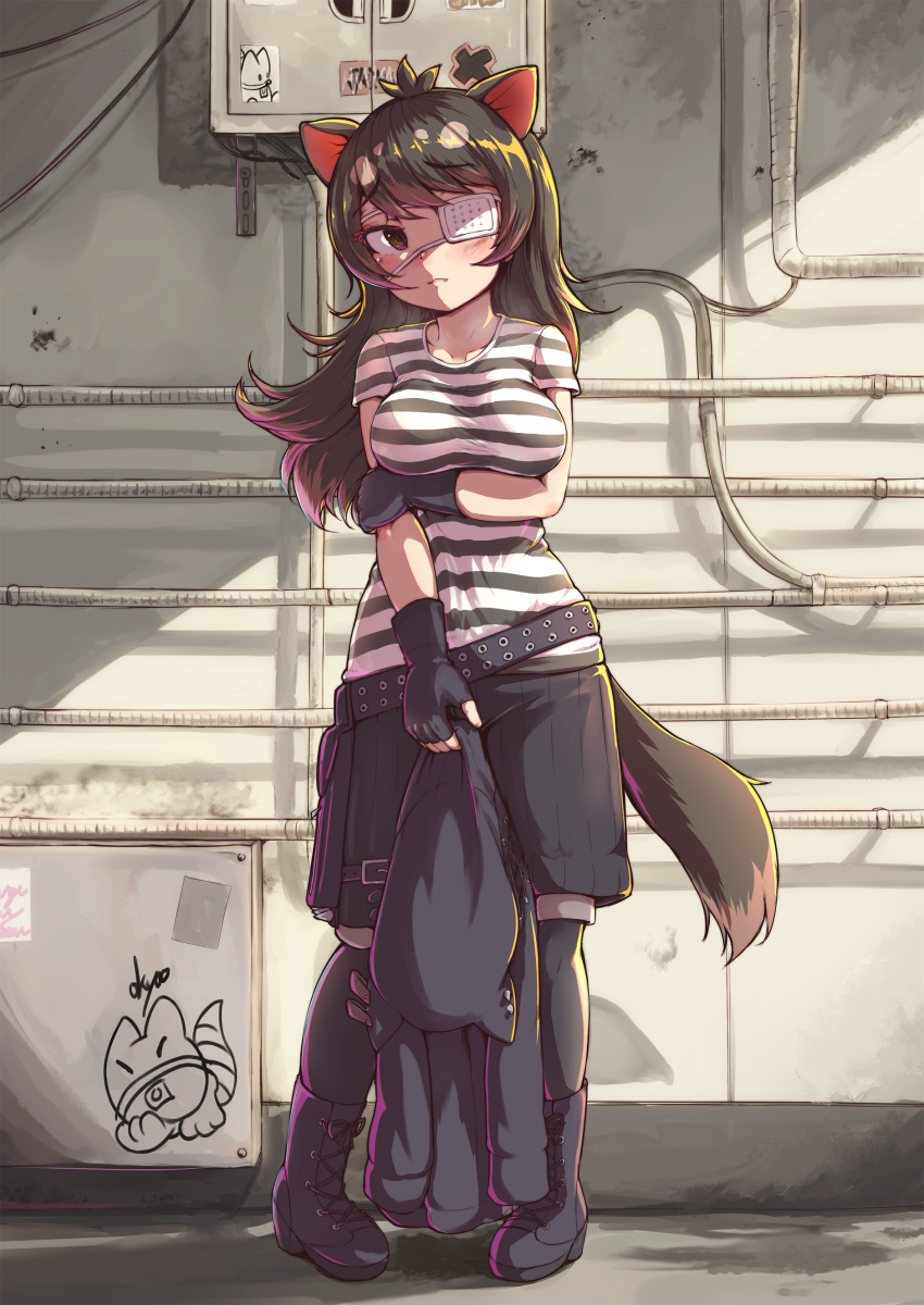 1girl absurdres arm_under_breasts australian_devil_(kemono_friends) bangs bare_arms black_footwear black_gloves black_hair black_legwear black_shorts boots breasts brown_eyes brown_hair closed_mouth colored_inner_hair eyebrows_visible_through_hair eyepatch fang fang_out fingerless_gloves full_body furrowed_brow gloves grey_hair hand_on_own_arm highres holding holding_clothes horizontal_stripes kemono_friends legs_apart legwear_under_shorts light_smile long_hair looking_at_viewer medical_eyepatch medium_breasts multicolored_hair official_alternate_costume okyao one_eye_covered pantyhose shirt short_sleeves shorts signature solo standing striped striped_shirt tasmanian_devil_ears tasmanian_devil_tail