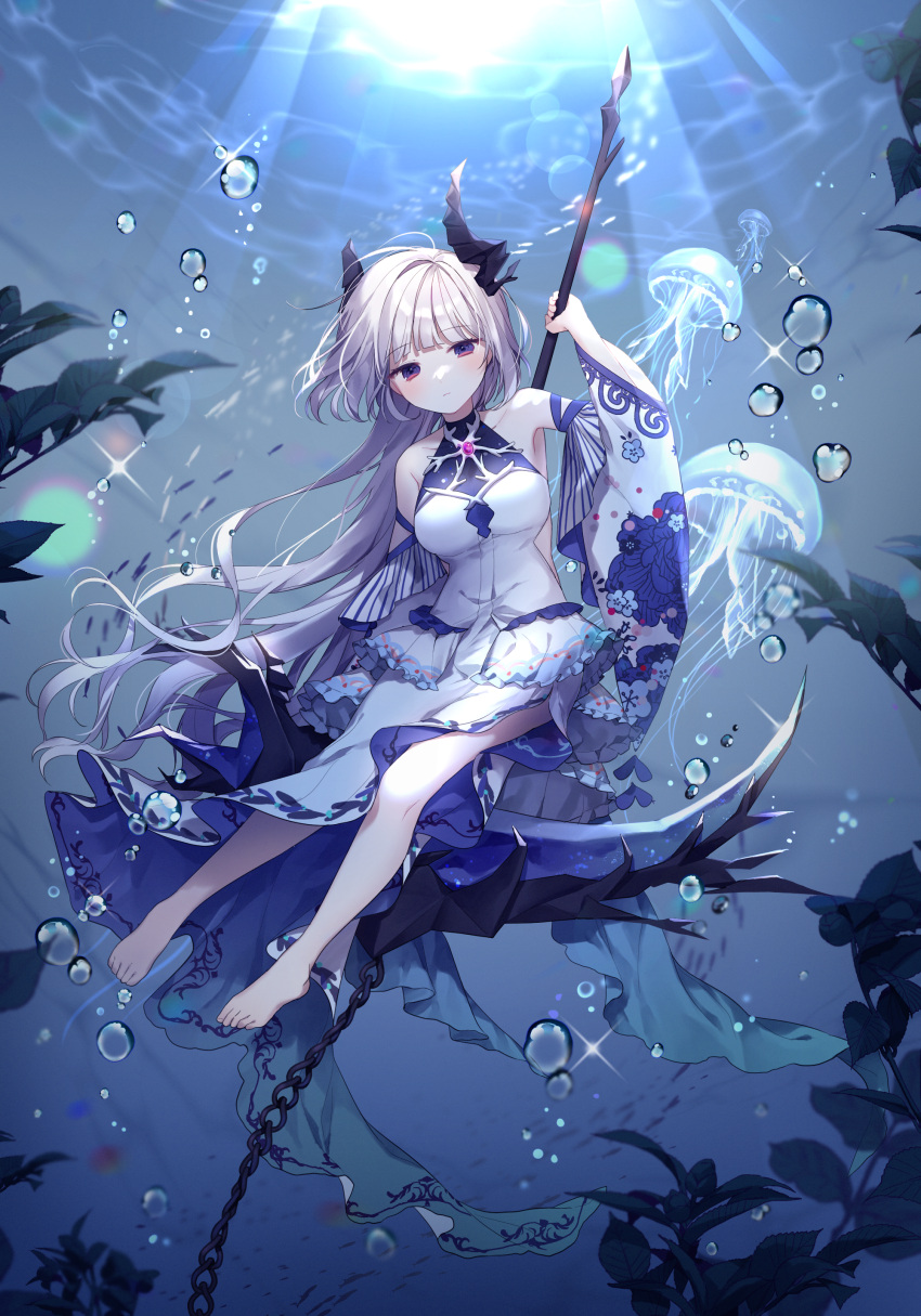 1girl absurdres air_bubble arm_up bangs bare_shoulders barefoot breasts bubble chain clip_studio_paint_(medium) closed_mouth commentary detached_sleeves dress eyebrows_visible_through_hair grey_hair highres holding holding_scythe long_hair long_sleeves medium_breasts moffle_(ayabi) original outdoors scythe sleeveless sleeveless_dress solo sunlight symbol-only_commentary underwater very_long_hair violet_eyes water white_dress white_sleeves wide_sleeves