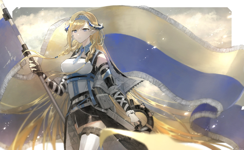 1girl absurdres arknights arm_strap bangs bare_shoulders black_skirt blonde_hair blue_eyes blue_hairband braid breasts commentary_request cowboy_shot elbow_gloves esuda0919 eyebrows_visible_through_hair flag gloves hairband highres holding holding_flag horns large_breasts pointy_ears pouch saileach_(arknights) shirt skirt sleeveless sleeveless_shirt solo standing thigh-highs twin_braids white_legwear white_shirt zettai_ryouiki