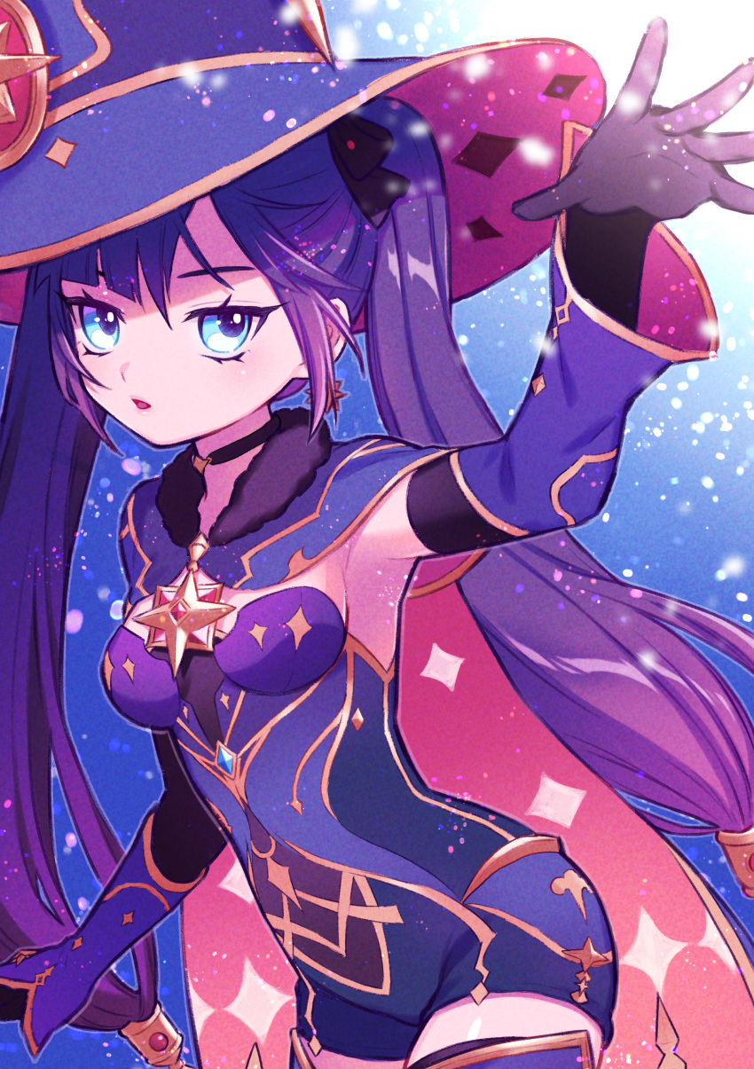 1girl absurdres bangs black_choker black_gloves blue_eyes blue_jumpsuit breasts choker cowboy_shot detached_sleeves elbow_gloves genshin_impact gloves gradient_cape hair_between_eyes hat highres jumpsuit long_hair long_sleeves looking_at_viewer mona_(genshin_impact) purple_hair purple_headwear purple_sleeves rdml_chashi shiny shiny_hair short_jumpsuit small_breasts solo twintails very_long_hair witch_hat