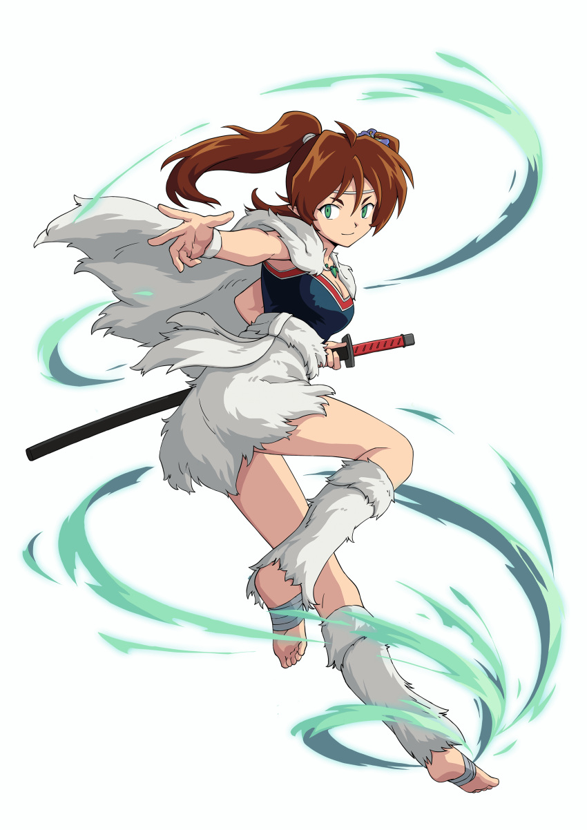 1girl absurdres armor ayame_(inuyasha) bandaged_foot bandages barefoot breastplate brown_hair cloak fur fur_cloak fur_skirt green_eyes highres inuyasha jewelry katana leg_warmers long_hair necklace non-web_source official_art pointy_ears sheath sheathed soles standing standing_on_one_leg sword twintails weapon wolf_girl wristband