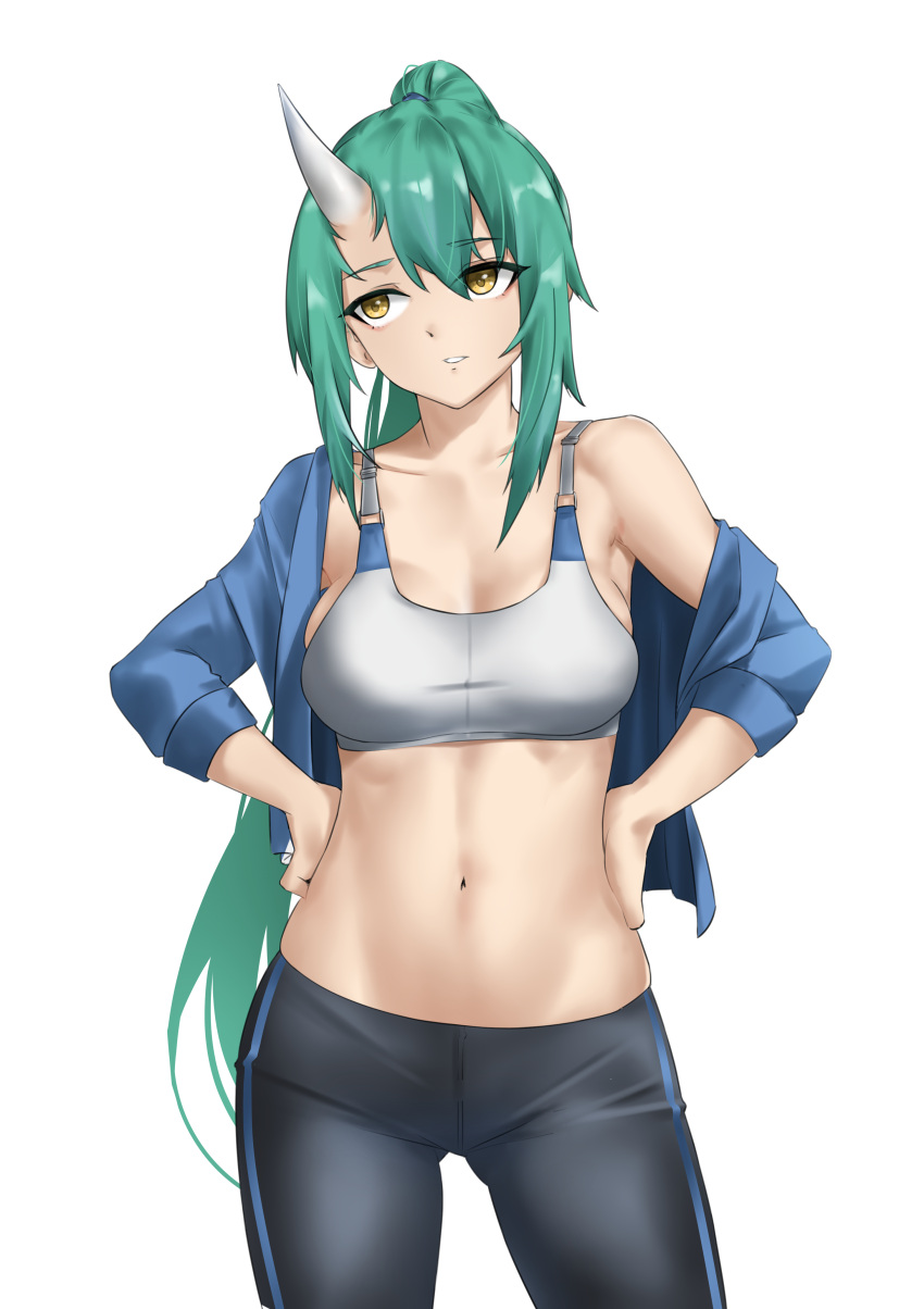 1girl absurdres alternate_costume arknights ass_visible_through_thighs bangs bare_shoulders black_pants blue_jacket breasts casperrin collarbone commentary cowboy_shot crop_top eyebrows_visible_through_hair green_hair hair_between_eyes hands_on_hips highres horns hoshiguma_(arknights) jacket leggings long_hair medium_breasts midriff navel off_shoulder open_clothes open_jacket pants parted_lips ponytail simple_background single_horn solo sports_bra standing stomach thighs very_long_hair white_background yellow_eyes