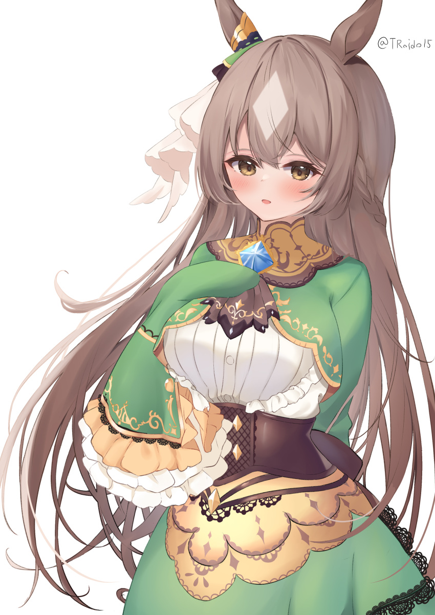 1girl absurdres animal_ears bangs blush breasts brown_eyes brown_hair commentary_request eyebrows_visible_through_hair green_jacket green_skirt grey_hair hair_between_eyes hand_up highres horse_ears jacket lace-trimmed_skirt lace_trim large_breasts long_hair long_sleeves looking_at_viewer parted_lips roido_(taniko-t-1218) satono_diamond_(umamusume) shirt simple_background skirt sleeves_past_wrists smile solo twitter_username two-tone_background umamusume very_long_hair white_background white_shirt wide_sleeves