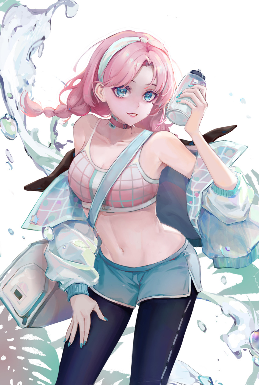 1girl aquarzaaa arknights bare_shoulders blue_eyes blue_nails blue_pants blue_poison_(arknights) blue_poison_(shoal_beat)_(arknights) blue_shorts braid breasts choker collarbone commentary cowboy_shot crop_top grin hairband hand_up highres holding jacket leggings legwear_under_shorts long_hair looking_at_viewer medium_breasts midriff nail_polish navel off_shoulder open_clothes open_jacket pants pink_choker pink_hair short_shorts shorts simple_background smile solo spaghetti_strap sports_bra standing stomach twin_braids water white_background white_jacket