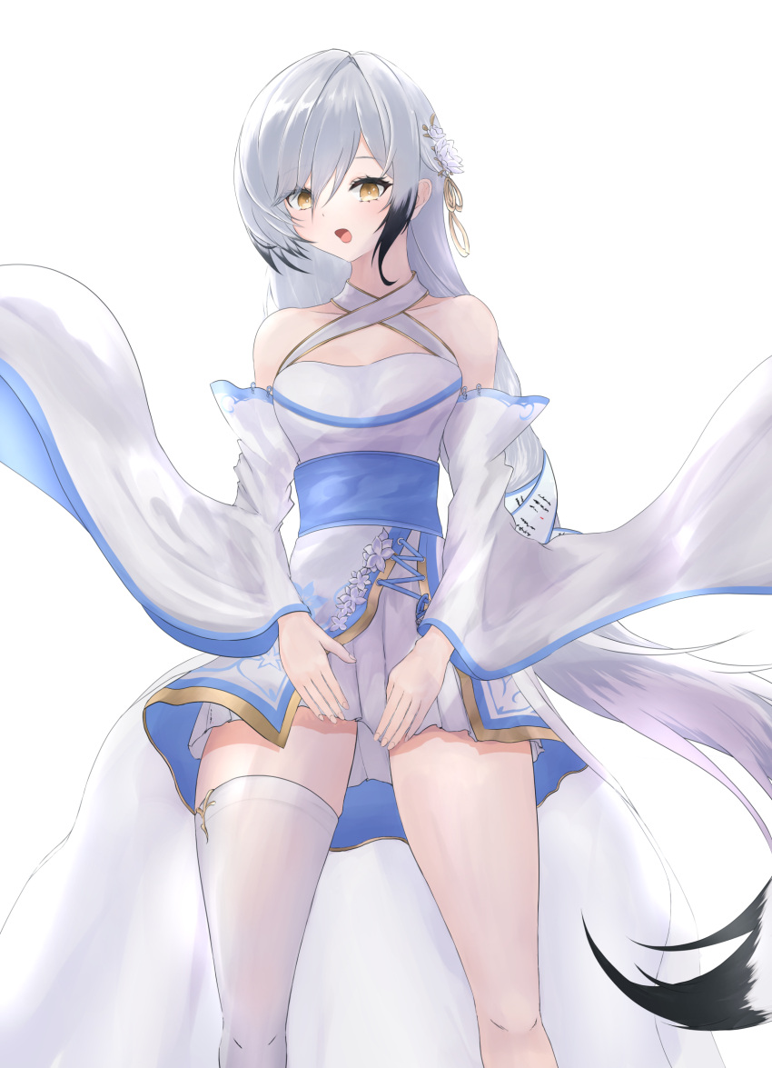 1girl :o absurdres azur_lane bangs bare_shoulders blush breasts collarbone dress eyebrows_visible_through_hair feet_out_of_frame hai_tien_(azur_lane) highres long_hair looking_at_viewer medium_breasts multicolored_hair open_mouth silver_hair single_thighhigh solo standing thigh-highs very_long_hair white_background white_dress white_legwear yellow_eyes yoshi-j