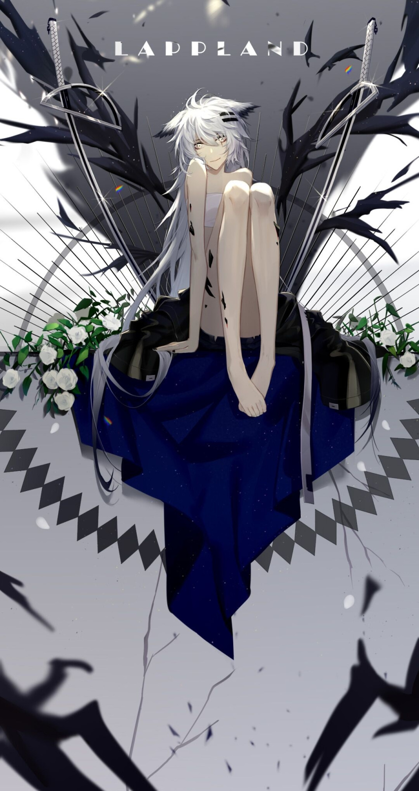 1girl animal_ears arknights bangs barefoot black_jacket character_name closed_mouth flower full_body highres jacket lappland_(arknights) long_hair looking_at_viewer rose shui_ran_moon smile solo strapless tail toes tube_top white_flower white_hair white_rose wolf_ears wolf_girl wolf_tail yellow_eyes