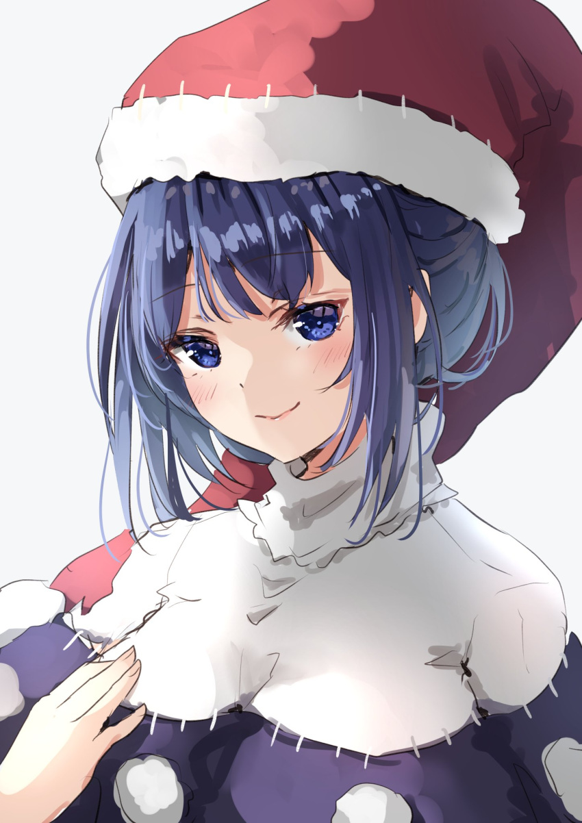 1girl bangs black_capelet blue_eyes blue_hair blush breasts capelet closed_mouth commentary_request doremy_sweet dress fingernails hand_on_own_chest hat highres large_breasts lips looking_at_viewer nightcap one-hour_drawing_challenge pom_pom_(clothes) red_headwear shiny shiny_hair shironeko_yuuki sidelocks simple_background smile solo touhou turtleneck white_background white_dress