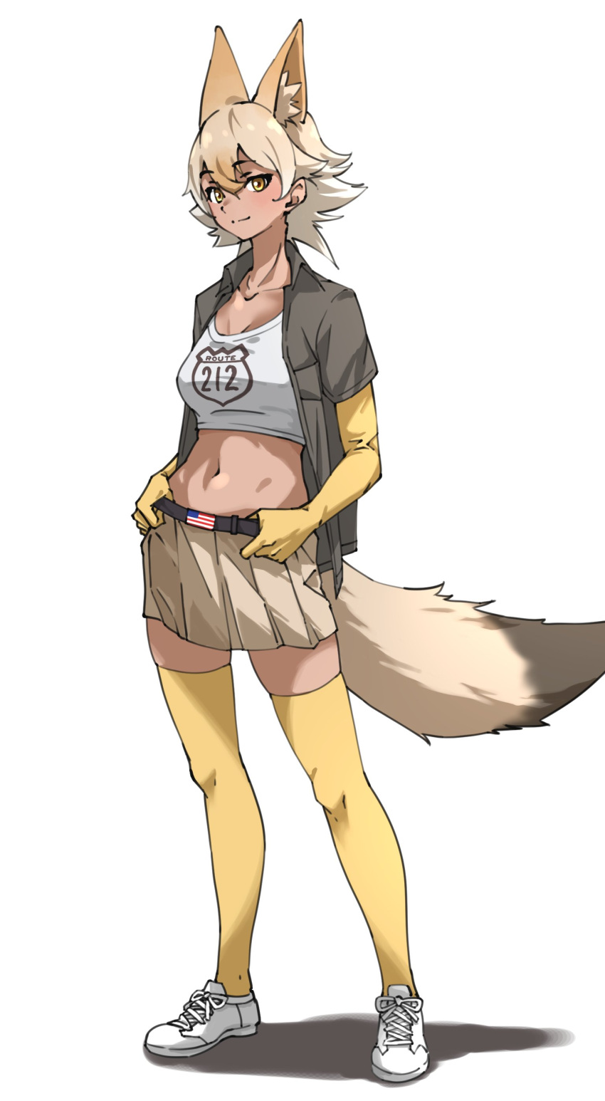 1girl absurdres animal_ear_fluff animal_ears bangs beige_skirt belt breasts collarbone commentary coyote_(kemono_friends) coyote_ears coyote_girl coyote_tail crop_top elbow_gloves extra_ears eyebrows_visible_through_hair full_body gloves gradient_hair hair_between_eyes hands_on_hips highres kemono_friends light_brown_hair medium_breasts midriff multicolored_hair navel pleated_skirt shoes short_hair short_sleeves simple_background skirt sneakers solo standing tail tanabe_(fueisei) thigh-highs white_background white_footwear white_hair yellow_eyes yellow_gloves yellow_legwear zettai_ryouiki