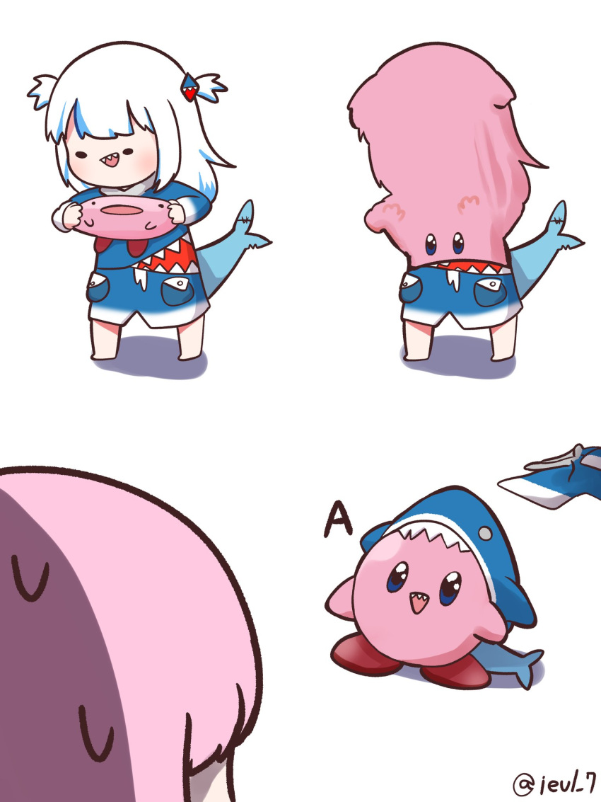 2girls a bangs black_eyes blue_eyes blue_hair chibi copy_ability cosplay eiul fish_tail gawr_gura gawr_gura_(cosplay) highres holding hololive hololive_english kirby kirby_(series) kirby_and_the_forgotten_land mori_calliope mouthful_mode multicolored_hair multiple_girls open_mouth shark_tail smile streaked_hair sweatdrop tail twitter_username two_side_up virtual_youtuber vore white_hair