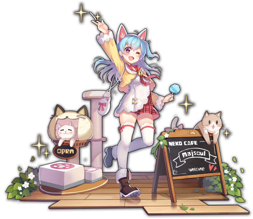 animal_ears artist_request bag bell blue_hair boots bow cafe cat cat_cafe cat_ears cat_tower chalkboard_sign copyright_name english_text fang flower food game_cg handbag heart highres holding holding_food igarashi_haruna leaf mahjong mahjong_soul official_art one_eye_closed pink_bow plant popsicle red_eyes sign simple_background skin_fang solo sparkle standing standing_on_one_leg tenbou thigh-highs third-party_source transparent_background white_flower yostar