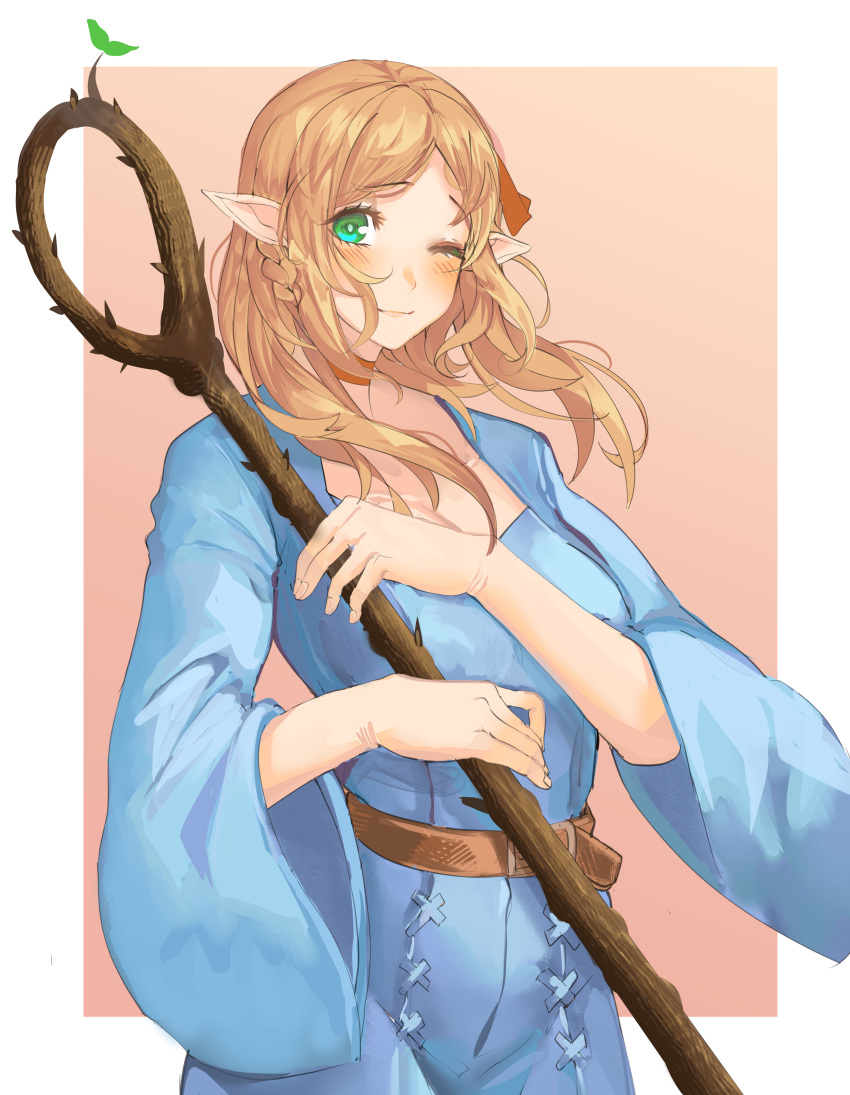 1girl absurdres blonde_hair blush braid choker commission commissioner_upload cowboy_shot dungeon_meshi elf green_eyes hair_ornament highres holding looking_at_viewer marcille one_eye_closed pointy_ears redrawn robe simple_background solo staff tomatolover16