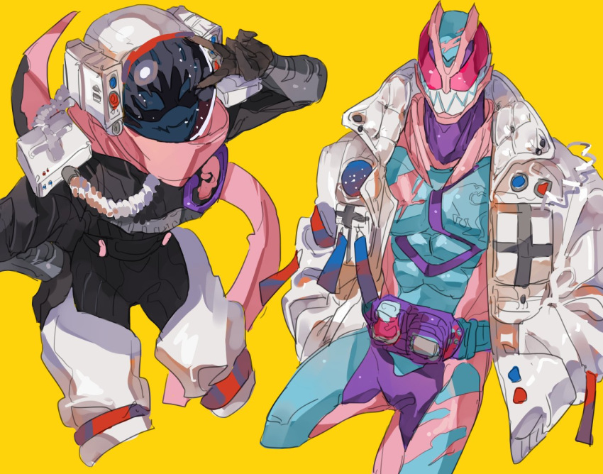 2boys armor astronaut bbbb_fex black_armor black_bodysuit blue_armor blue_eyes blue_mask bodysuit cropped_legs dinosaur dinosaur_tail extra_eyes friends ground_vehicle hand_gesture hand_on_hip hands_in_pockets jacket kamen_rider kamen_rider_revi kamen_rider_revice kamen_rider_vice male_focus mask masked multiple_boys pauldrons pink_armor pink_scarf purple_bodysuit red_eyes revice_driver rex_genome ribbed_bodysuit rider_belt salute scarf sharp_teeth shoulder_armor space_helmet squatting squinting tail teeth train travel tyrannosaurus_rex v violet_eyes vistamp waving white_jacket