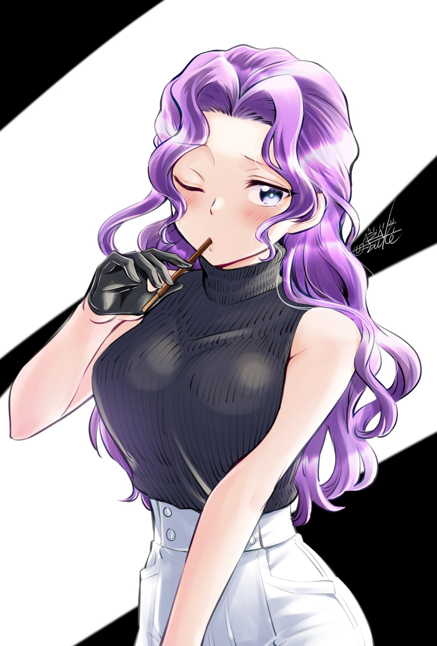 1girl bare_arms bare_shoulders black_gloves black_shirt blush breasts commentary_request eyebrows_visible_through_hair food gloves half_gloves highres holding holding_food large_breasts long_hair one_eye_closed original pocky_day purple_hair shiny shiny_hair shirt signature sleeveless sleeveless_turtleneck solo turtleneck violet_eyes wavy_hair white_shirt yuusuke_(uj15yaku)