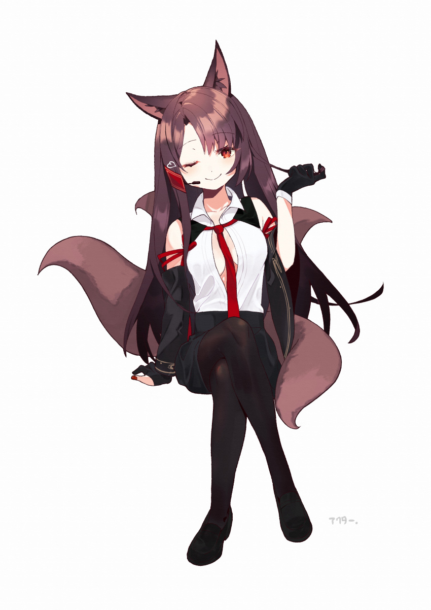 1girl absurdres akagi_(azur_lane) akagi_(muse)_(azur_lane) akutaa animal_ears azur_lane black_footwear black_gloves black_legwear black_skirt breasts brown_hair brown_tail collared_shirt earpiece fox_ears fox_tail gloves highres kitsune large_breasts long_hair looking_at_viewer loose_necktie miniskirt multiple_tails necktie one_eye_closed pantyhose partially_fingerless_gloves partially_unbuttoned red_eyes red_necktie shirt shoes simple_background skirt solo tail white_background
